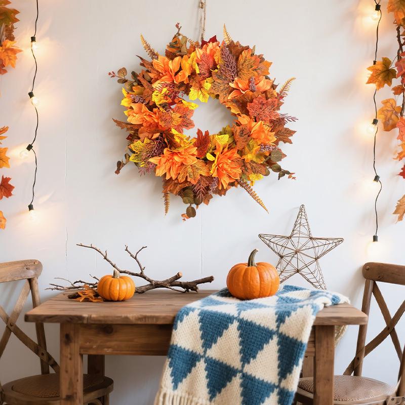 Autumn Maple Leaf Wreath for Door & Wall Hanging - Thanksgiving & Halloween Decoration with Artificial Flowers