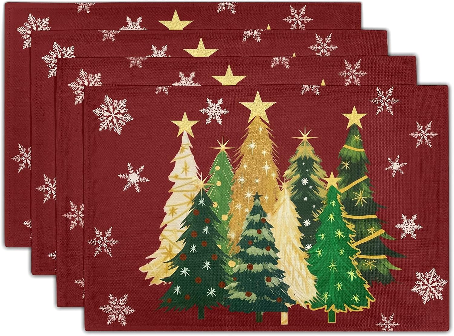 

Xmas Trees Snowflakes Linen Placemats Set of 6 18x12 Inch Winter Holiday Red Table Mat Wipeable Place Mat 6PCS