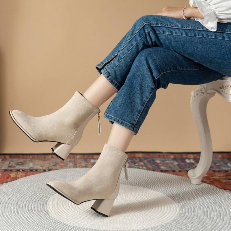 Fashion Block Heel Suede Mid Heel Skinny Square Toe Booties New Winter New Back Zip High Heel Stretch Boots