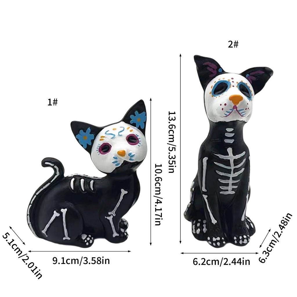 Halloween Resin Cat Dog Figurine Cute Sugar Skull Animal Decors For Desk Shelf Window Display Party Decoration Gift