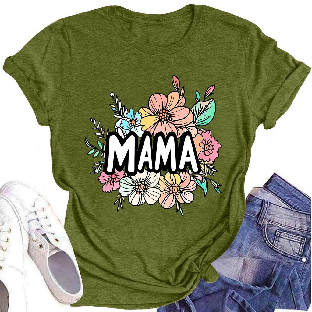 Damenmode Rundhals Kurzarm T-Shirt Muttertag Bedruckt Lässiges Oberteil