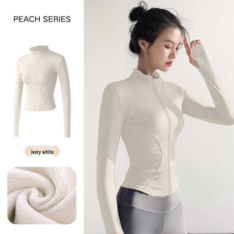 Women's Plush Slim Fit Zipper Yoga Jacket - Thickened, Elastic Long Sleeve, Stand Collar, Warm Autumn & Winter Top