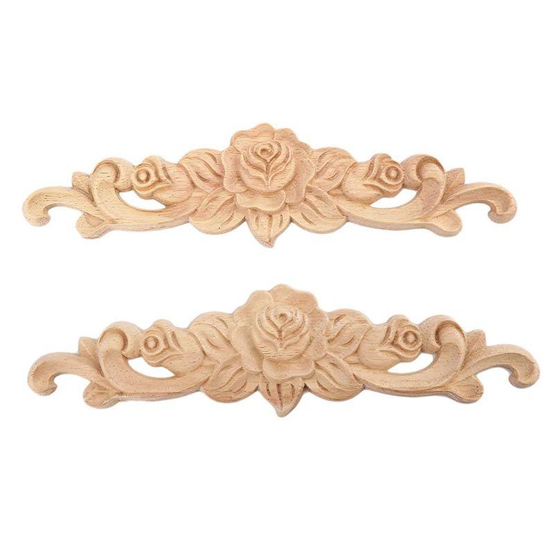 ABWR-6Stk 20 X 5cm Holzschnitzerei Langes Aufsatz-Applikation Unbemalt Rose Blume Tür Heimdekoration Europäischer Stil