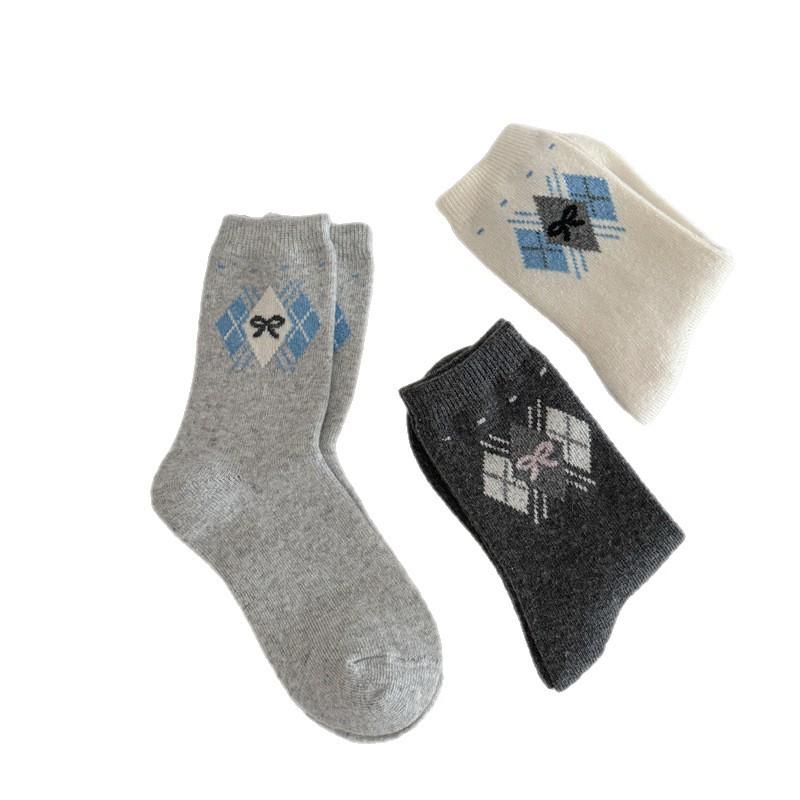 Rhombus Plaid Bow Wool Socks Children'S Wind Thickened Warm Retro Stacking Socks
