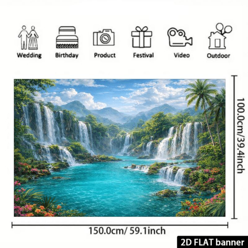 2D Plane Tropical Waterfall Landscape Background Fabric Cascading Waterfall Clear and Blue Water Pool Polyester Fiber