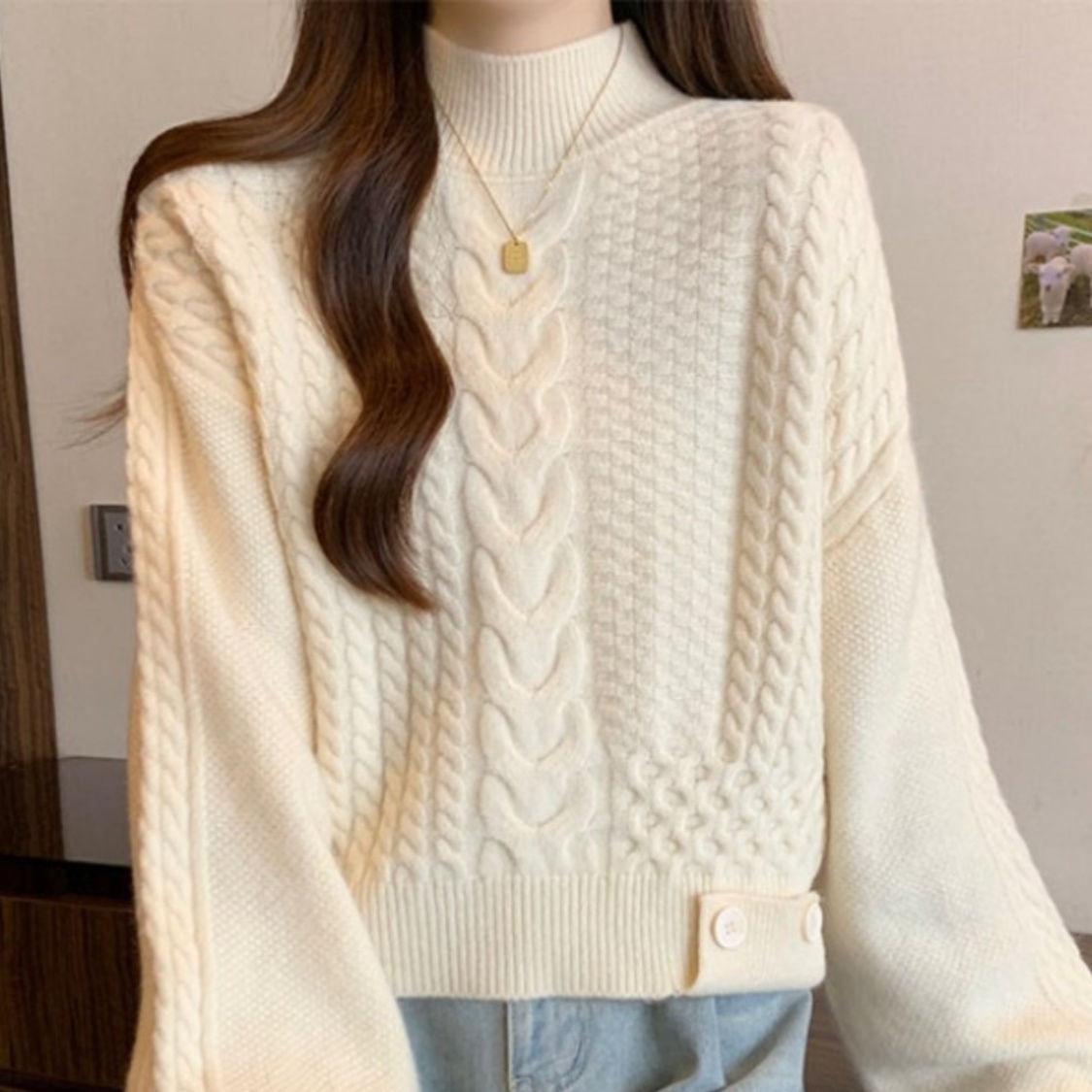 

Temperament полувысокий ворот ленивый стиль фонарь рукав свитер женский осень и зима вязаный топ S грязно-белый