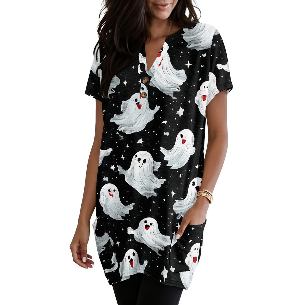 Women V Neck Halloween Print Short Sleeve Pullover Dress with Pocket Casual Loose Fit Tunic Dress for Daily Wear