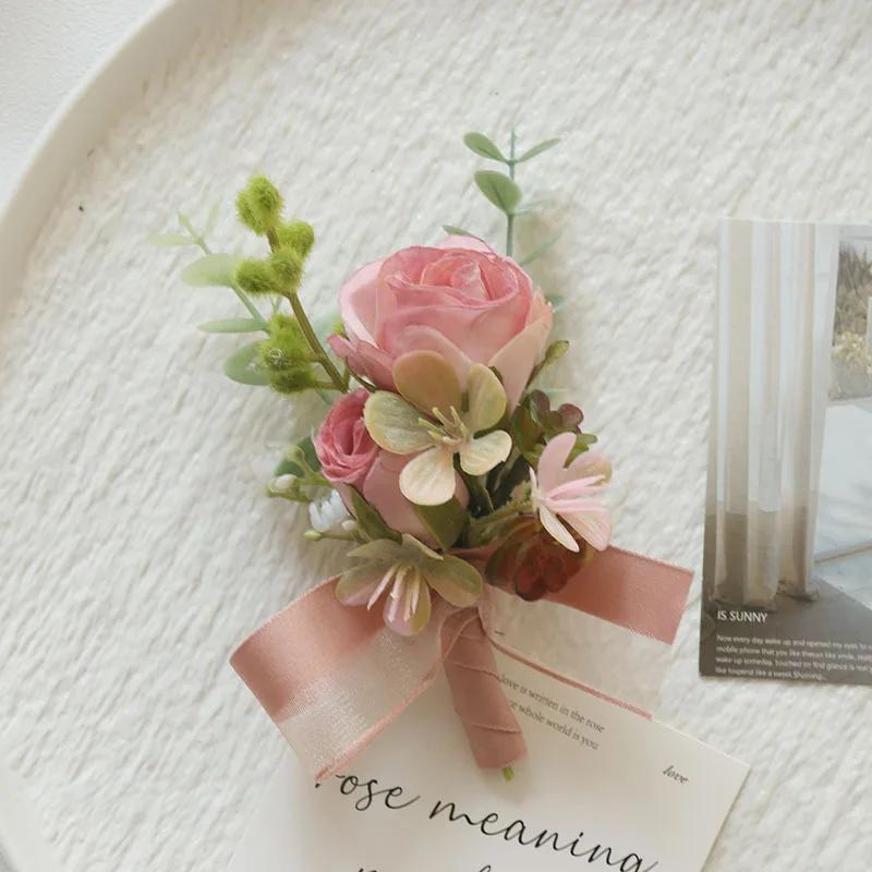 6pcs Pink Corsage Boutonniere Set for Bride Groom Bridesmaids Groomsmen Wedding Cerenony Homecoming Prom Suit Flowers