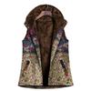 Women Vintage Warm Sleeveless Printed Pockets Thicker Hasp Hooded Vest Coat