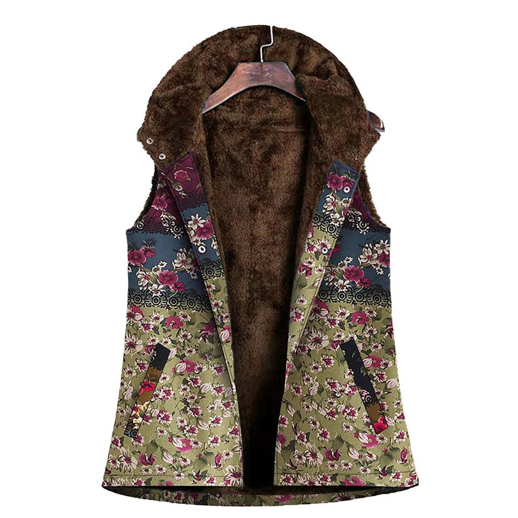 Women Vintage Warm Sleeveless Printed Pockets Thicker Hasp Hooded Vest Coat