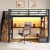 140x200 Metall Hochbett mit Schreibtisch und Regalen, Zwei integrierte Schubladen, Treppe mit Stauraum, Schwarz