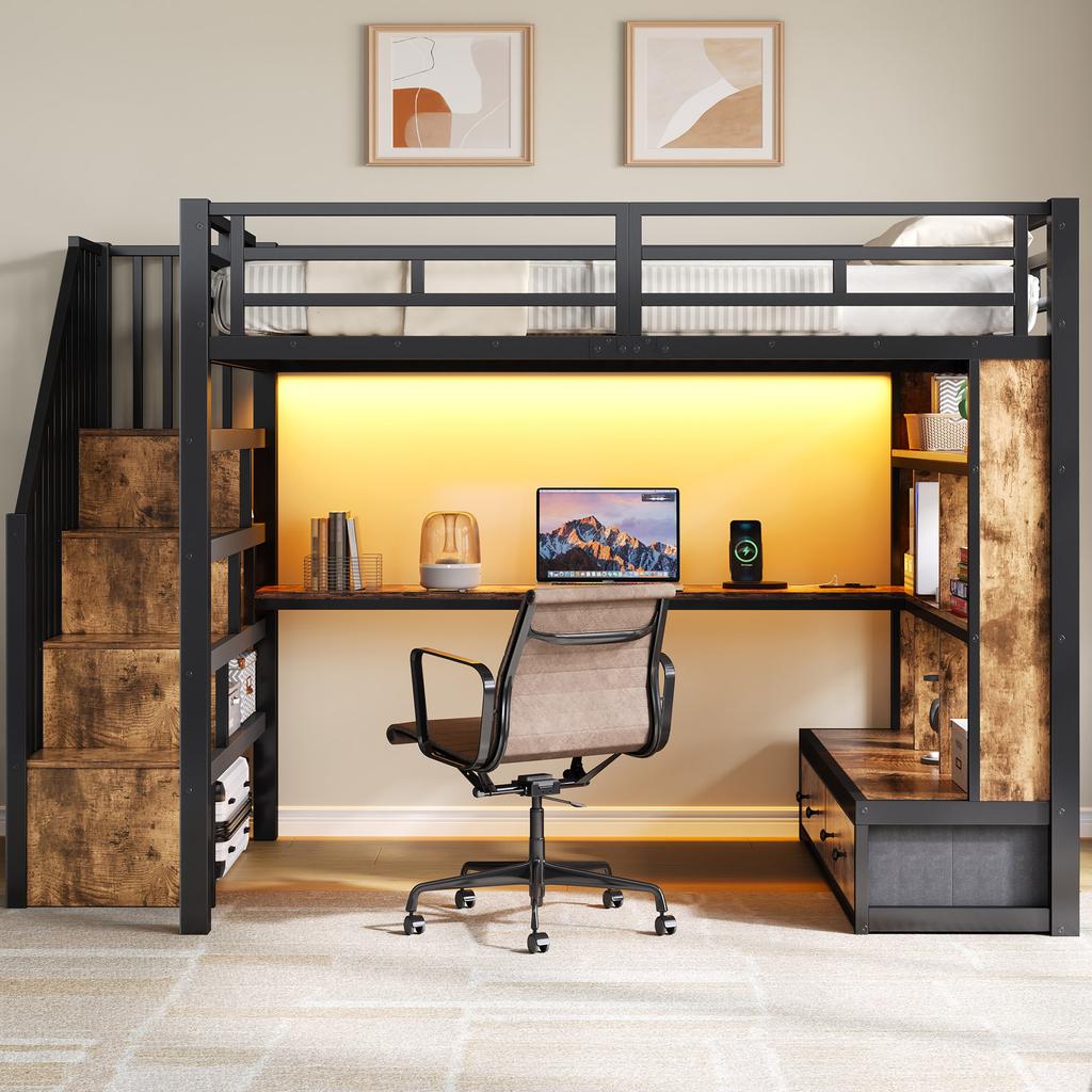 140x200 Metall Hochbett mit Schreibtisch und Regalen, Zwei integrierte Schubladen, Treppe mit Stauraum, Schwarz