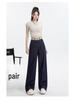 Women's Dark Blue Tencel Wide-Leg Jeans with Stitched Letter Waist