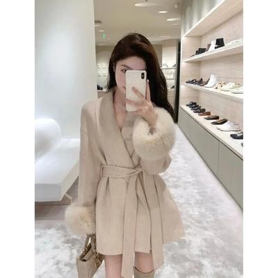 Fashion Black Strapped Woolen Coat Women Clothing Spring and Autumn Loose Premium Splicing Hairy Sleeve Winter Coats