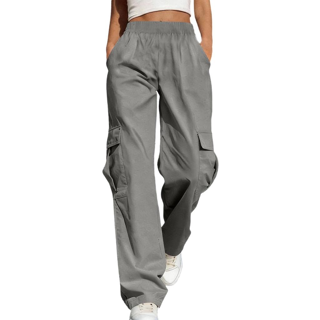 Women's Casual -Color Workwear Pants With Multiple Pockets And Wide Legs