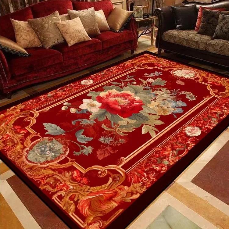 European Style Peony Flower Luxury Carpet Red Festive Rug Washroom Floor Mat Bedroom Decor Rugs Living Room Rugs for Bedroom