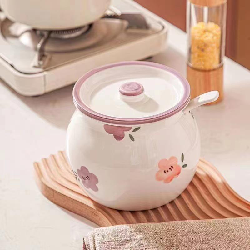 High-Temperature Resistant Ceramic Lard Jar with Lid - Zixuan Flower Design, Large Capacity for Chili Oil & Seasoning