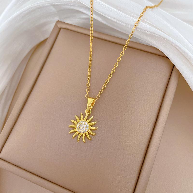 Titanium Steel, Light Rotating Sunflower Light Luxury Temperament Gorgeous Full Diamond Necklace Female Versatile Collarbone Chain Titanium Steel