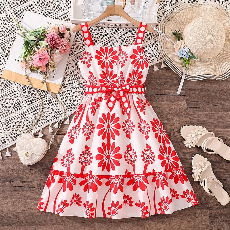 

Детское модное платье с цветочным принтом весна-лето повседневное отпускное платье-халтер для девочек 170cm=12Y красный