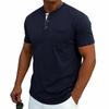 Men Henley Neck Short Sleeve T Shirt With Chest Pocket Casual Solid Color Tops