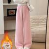 Kordelzug High Waist Plüschhose für Damen Winter Fleece Gerade Weiter Bein Lässige Hose Frau Locker Verdickt Warme Hose Mujer