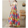 Cotton and Linen Printed Patchwork Long Skirt with Suspender and Large Cake Skirt for Women
