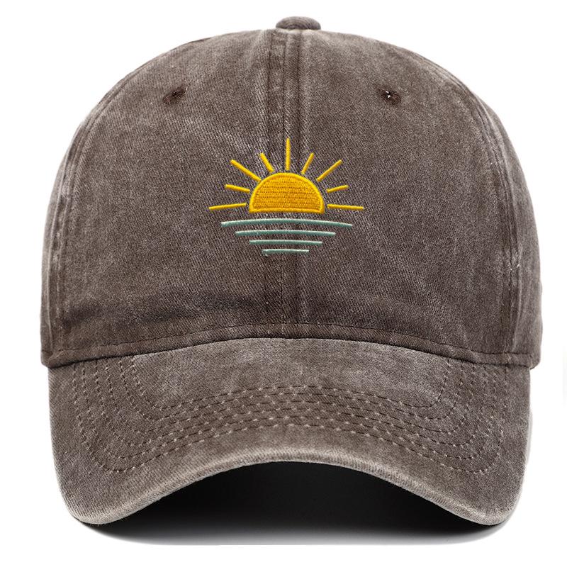 Unisex Vintage Washed Baseball Cap - Embroidered Beach Sunrise, Breathable & Sun Protective for Summer Outdoor Activities