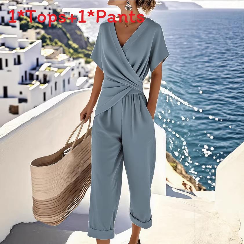 Traje de Verano para Mujer de Color Puro con Mangas Cortas Irregulares y Pantalones Plisados para Uso Casual