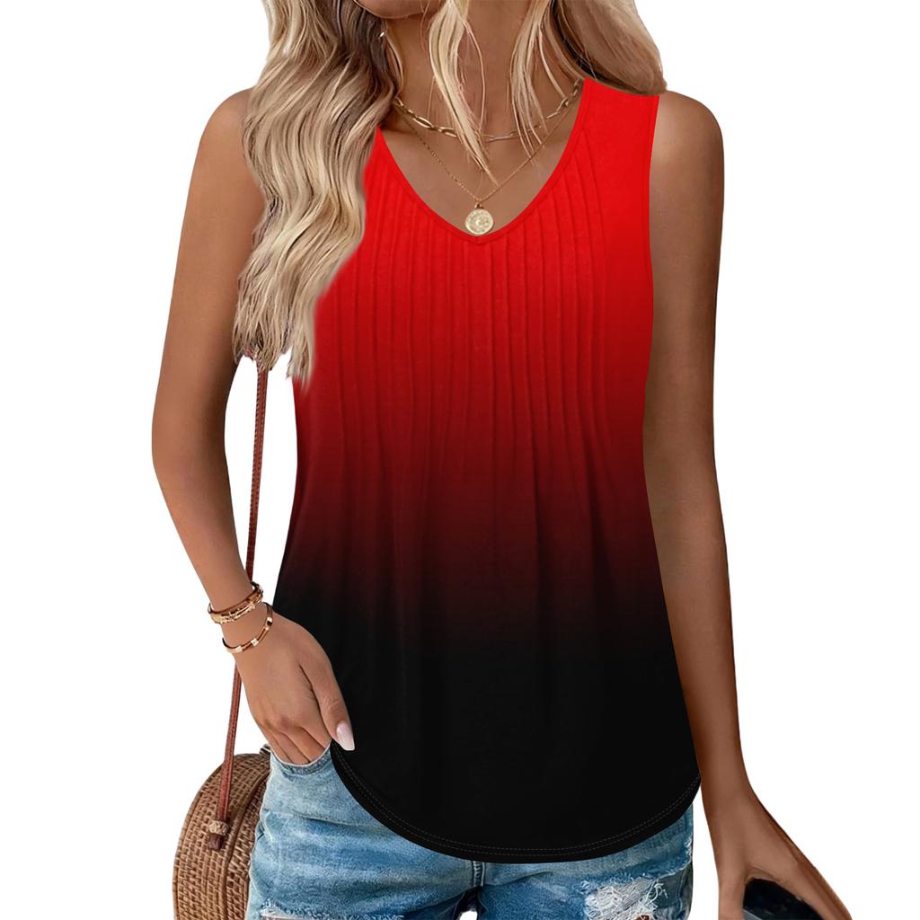 Modische Ärmellose Weste für Damen mit Falten, V-Ausschnitt, Bindeband-Farbverlauf, Lockerer Schnitt, Fließendes Sommeroberteil