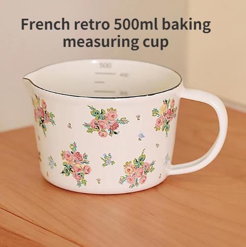 French Retro Enamel Measuring Cup with Scale Household High Temperature Baking Measuring Cup Milk Cup Multi-purpose Cup Bowl (as the picture,401-500ml)