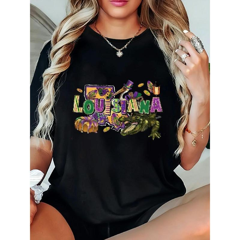 

Женская футболка большого размера LOUISIANA с принтом Черная Эластичная Круглый вырез Короткий рукав Мягкая Всесезонная для вечеринки, прогулки Повседневный комфортный топ S чёрный