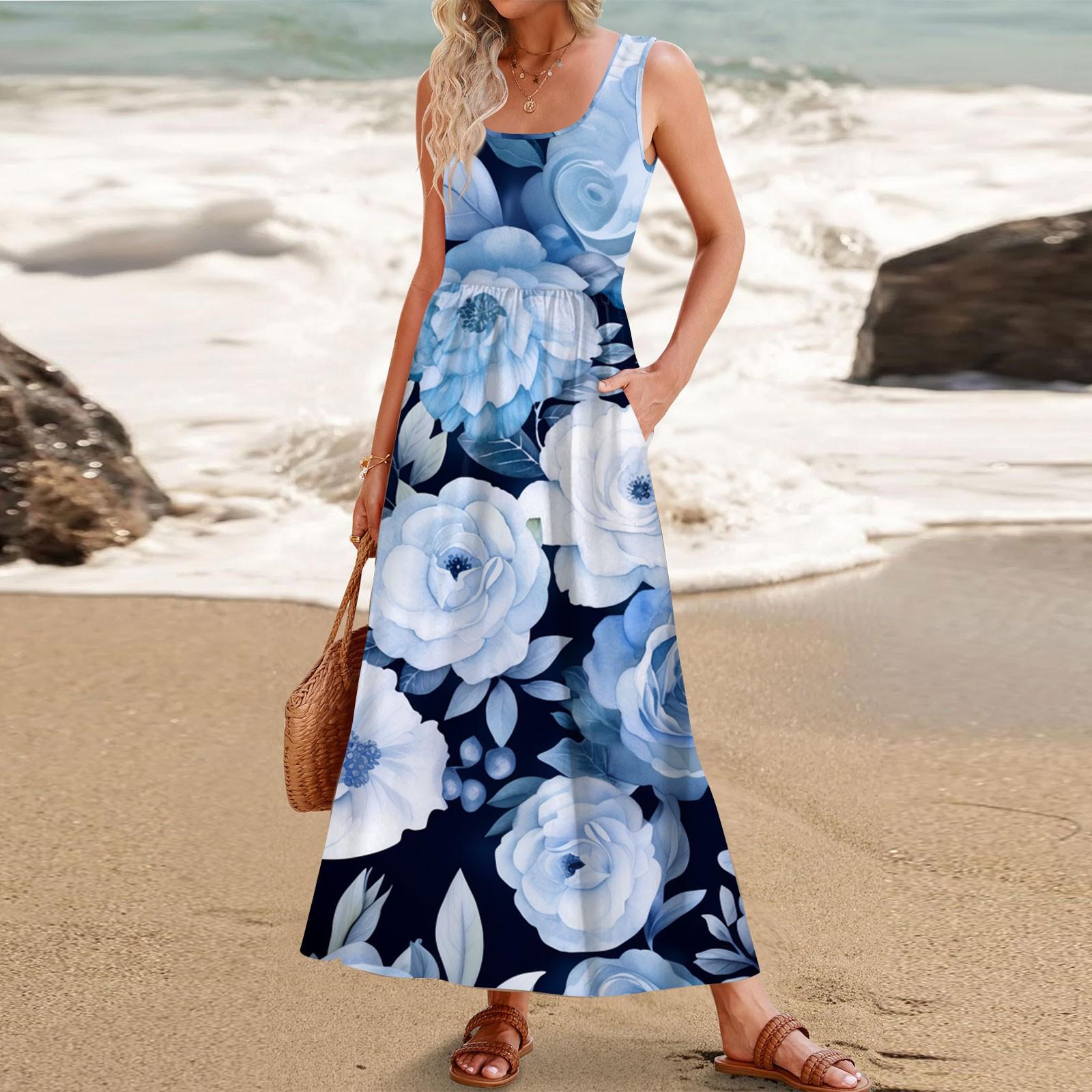 FcBaudy Robe Sans Manches à Col Rond, Robes D'Été Pour Femmes, Robes Décontractées à Imprimé Floral Pour Femmes, Robe Longue De Soirée
