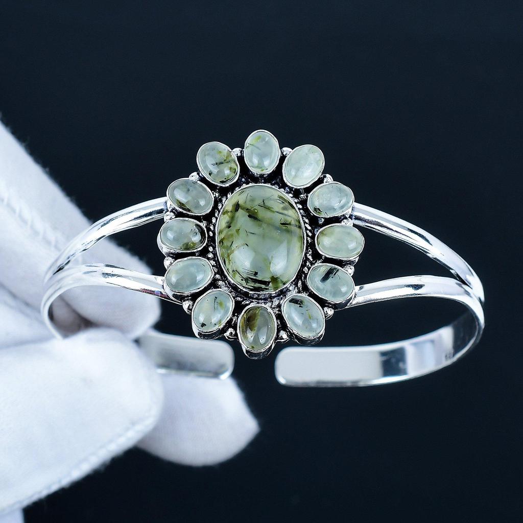 Natural Prehnite Gemstone Handmade Cuff Bangle 925 Sterling Silver Cuff Bangle, Prehnite Flower Shape Bracelet For Wife, Unisex Bangle Gifts