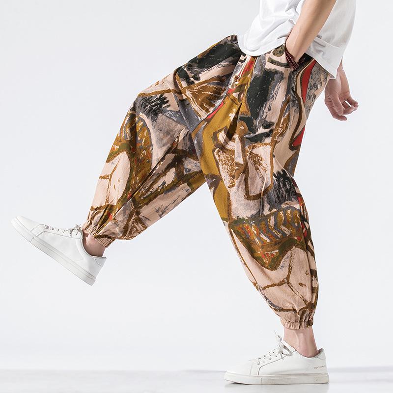 2023 Men's Chinese Style Loose Cotton Linen Printed Harem Cropped Pants, Plus Size Fashion Casual Skinny Pants