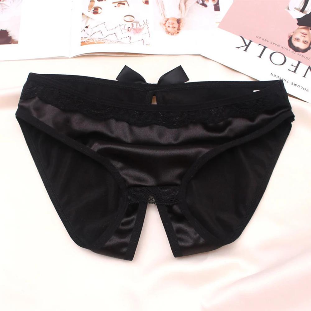 Women Sexy Open Crotch Panties High Quality Luxury Underwear Fashion Bow Silk Satin Underpants Comfortable Crotchless Briefs