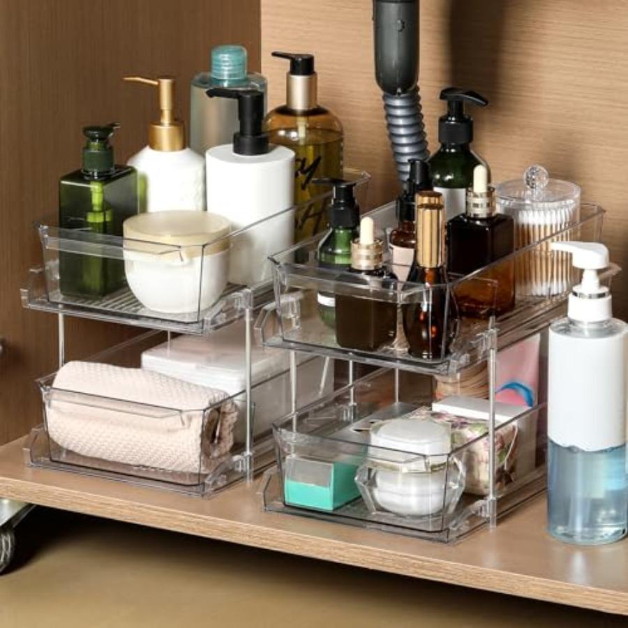 2 Set 2 Tier Clear Organizer with Dividers for Cabinet Shelf Counter - MultiUse Slide-Out Storage Container - Kitchen Pantry Me
