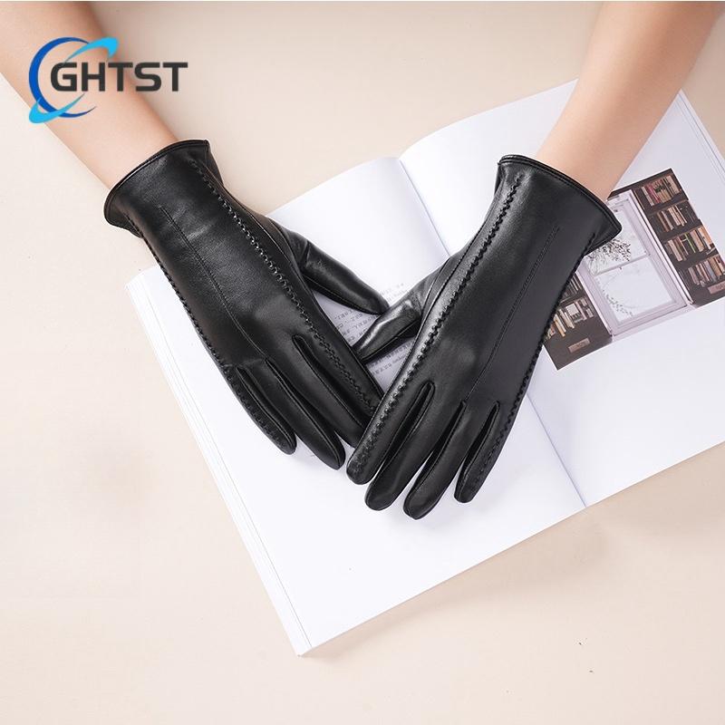 Lambskin leather Gloves for Women Winter Warm Plus Fleece Thickening Locomotive Windprorop Training Thickened Protection Cycling