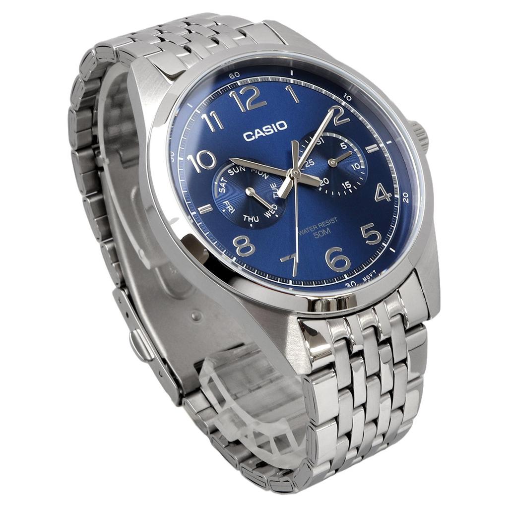 CASIO Silver x Overseas Model Multi-Calendar Watch, 7-Link Strap, Men's, Blue, MTP-E340D-2AV