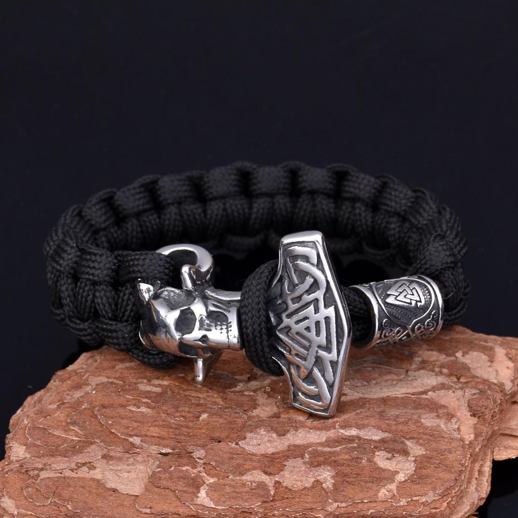 Pulsera Vikinga para Hombre de Acero Inoxidable Cabeza de Fantasma Martillo de Thor Trenzada con Cuerda de Paraguas Pulsera de Supervivencia para Exteriores