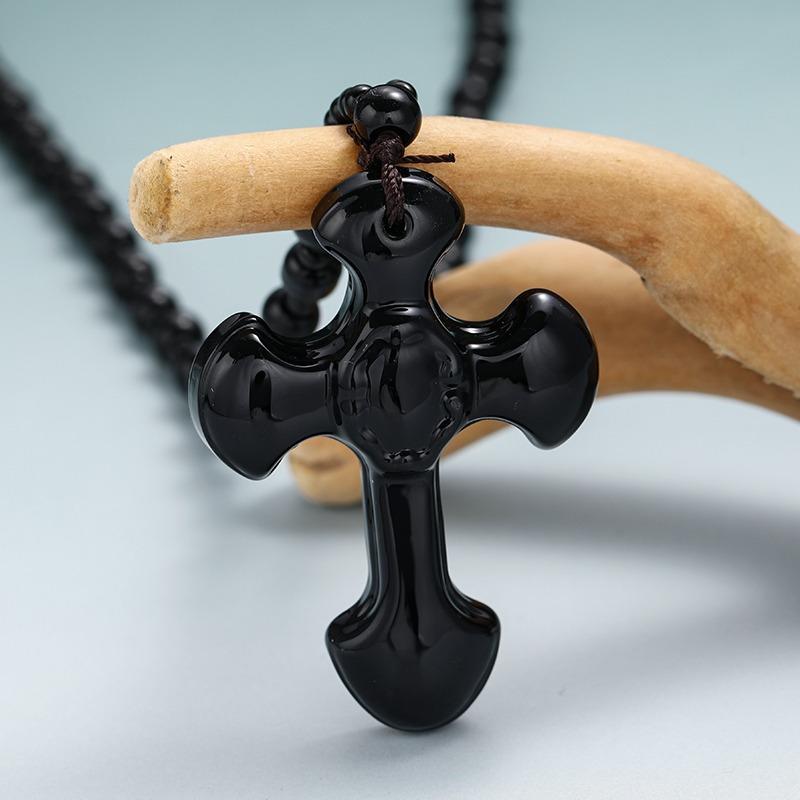 Xiaomi Vintage Christian Cross Obsidian Pendant Beaded Necklace Men Women Good Luck Amulet Jewelry Gifts