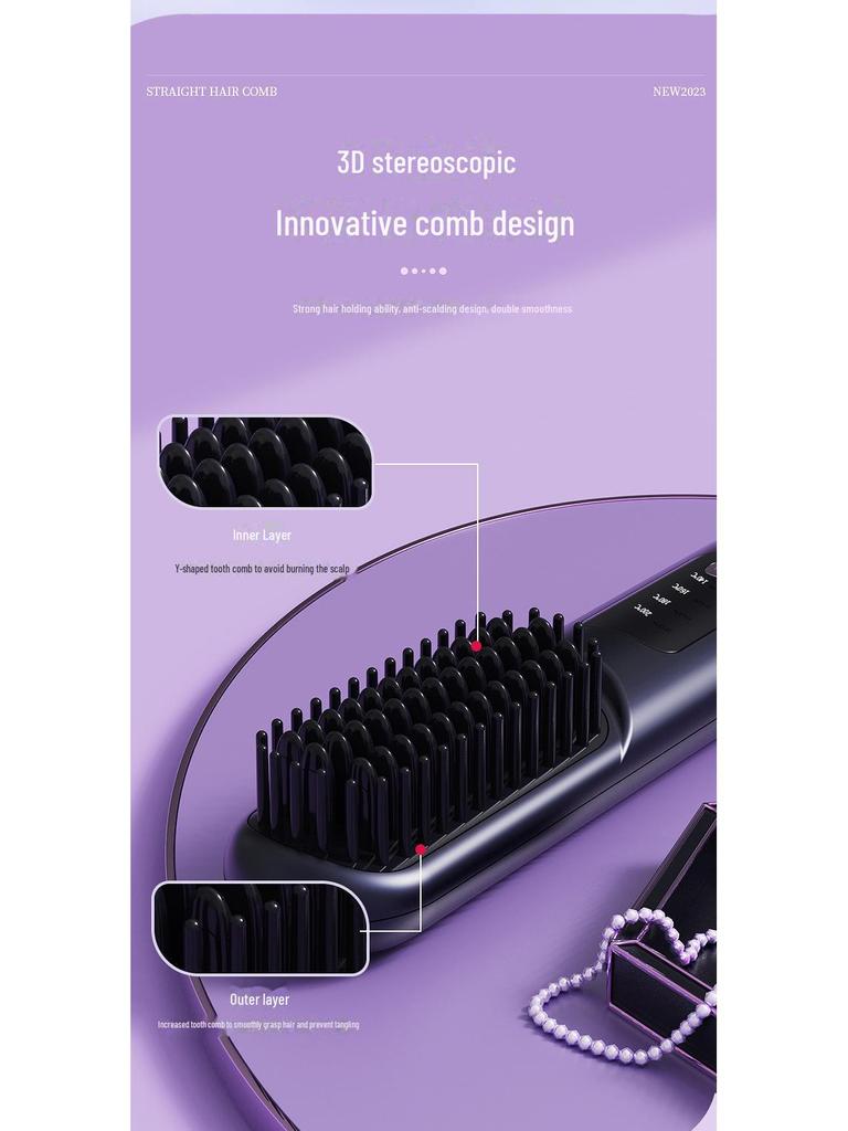 Tragbarer kabelloser Glättkamm mit Verbrühungsschutz und negativen Ionen zur Haarpflege