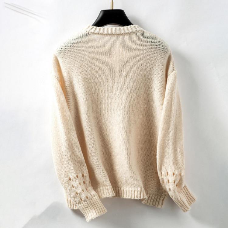 Vintage Autumn Winter Loose Knitwear Sweater Long Sleeve Solid Color Cardigan O Neck Top