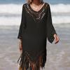 Summer Women's Hand Hook Neck Solid Colour Patchwork Medium Long Sleeve Long Tassel See Through Loose Sunscreen Sexy Beach Cover-up