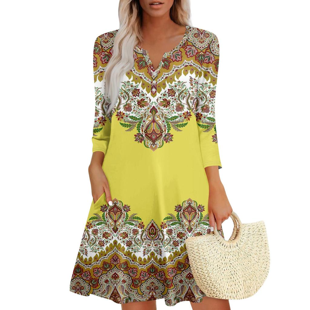 Women's Summer Dress Loose V Neck Three-quarter Sleeve Sundress With Pockets Dress