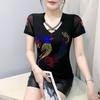 Designer Cross V-neck Shiny Hot Diamond Mesh T-shirt Summer High Quality Short Sleeve Tees Women's Tops