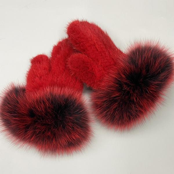 

Женские перчатки из натурального меха норки и лисы, вязаные, теплые, с соединенными пальцами, варежки One Size красный