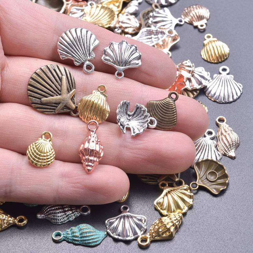 

50pcs/Lot Metal Random Mix Sea Animal Charms For Jewelry Making Bulk Conch Shell Turtle Fish Tail Hippocampus Japonicus Pendant