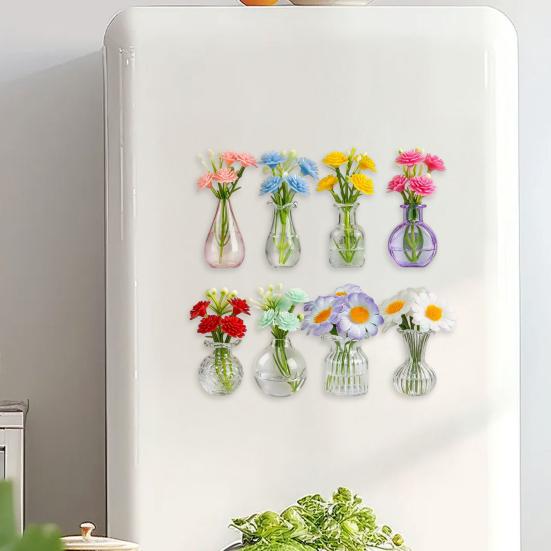 8 Stück Mini-Glasvasen-Kühlschrankmagnete mit künstlichen Blumen, Niedliche kleine Blumen-Kühlschrankmagnete für Kühlschrank, Büro und Küchenschrank