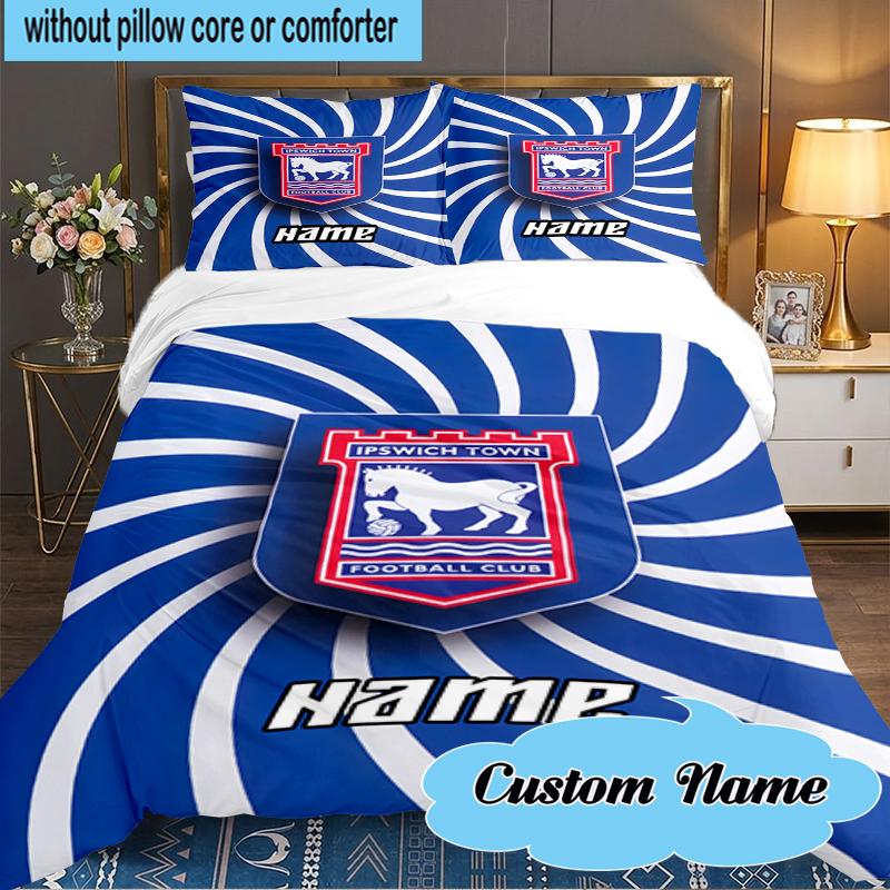 Custom Name Ipswich Football Crest Bedding Set 3pcs, Bedding Set Including 1pc Duvet Cover And 2pcs Pillowcases for Bedroom, Dormitory Gift