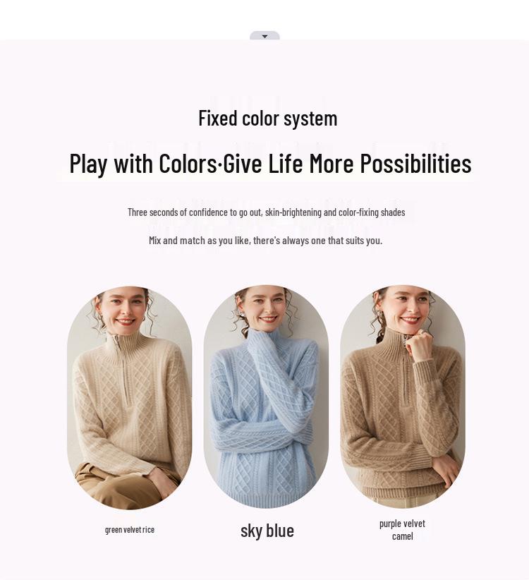 2025 Autumn/Winter Blue Slimming Cable Knit Cashmere Sweater with Lapel and Half-Zip